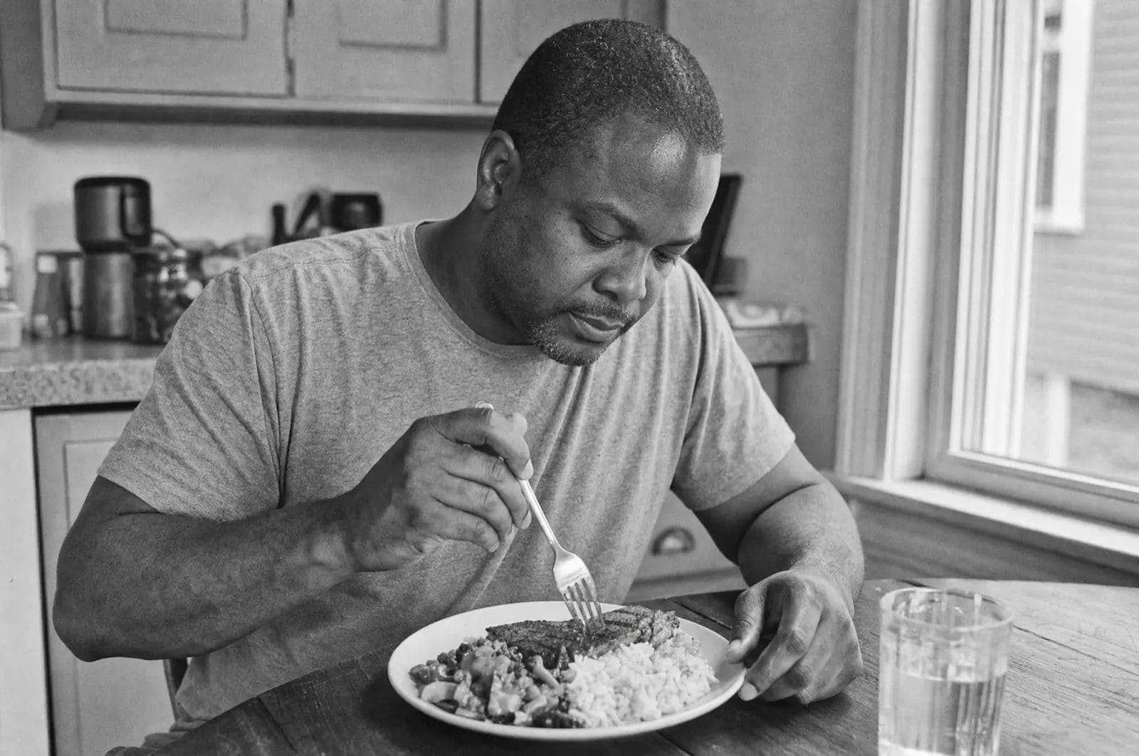 A man eats a plate of rice and vegetables at a kitchen table