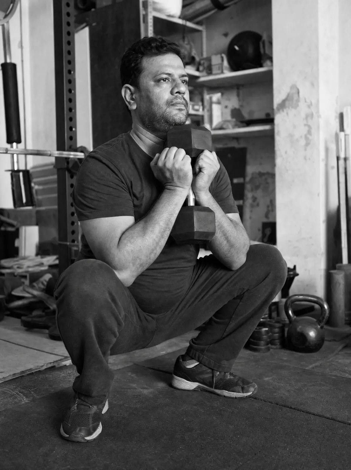 A man holds a dumbbell at his chest at the bottom of a squat
